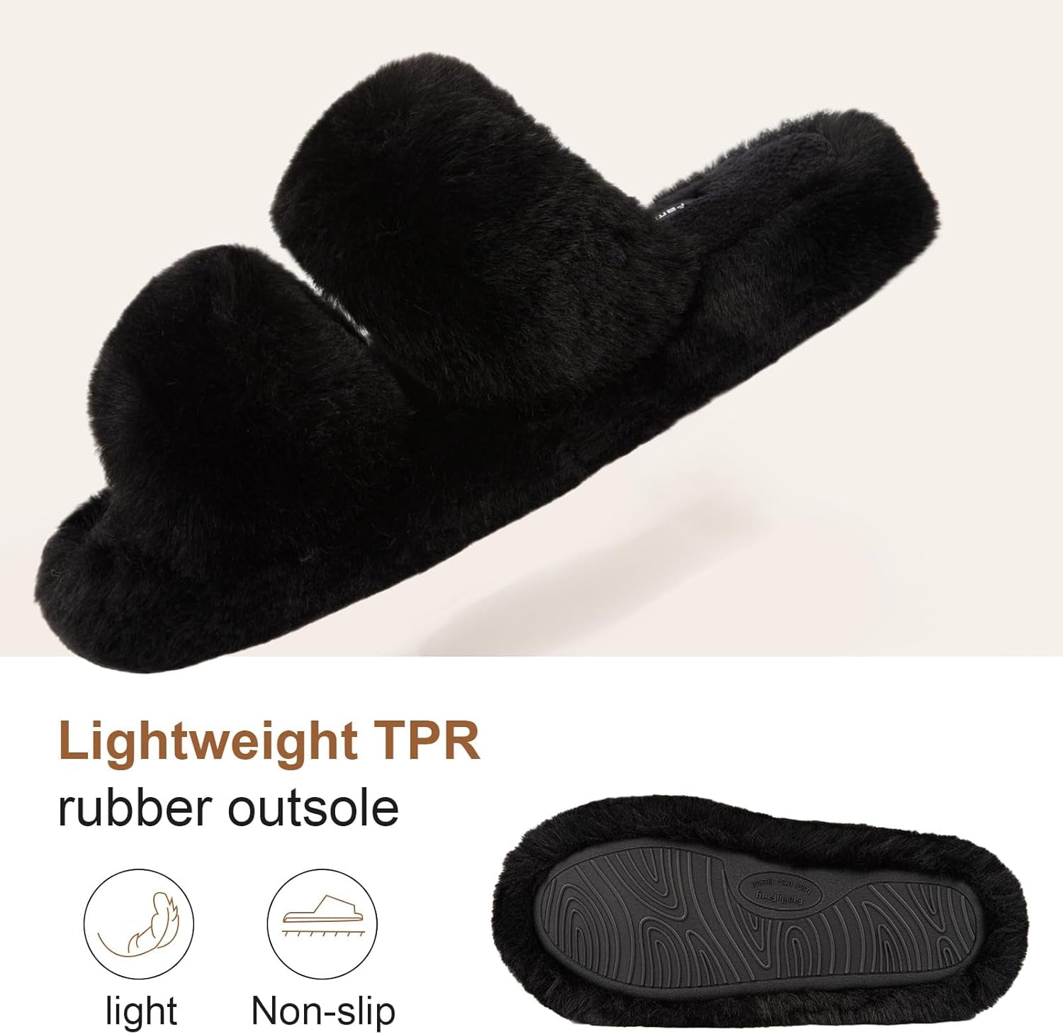 Women'S Fluffy Faux Fur Slippers Comfy Open Toe Two Band Slides with Fleece Lining and Rubber Sole